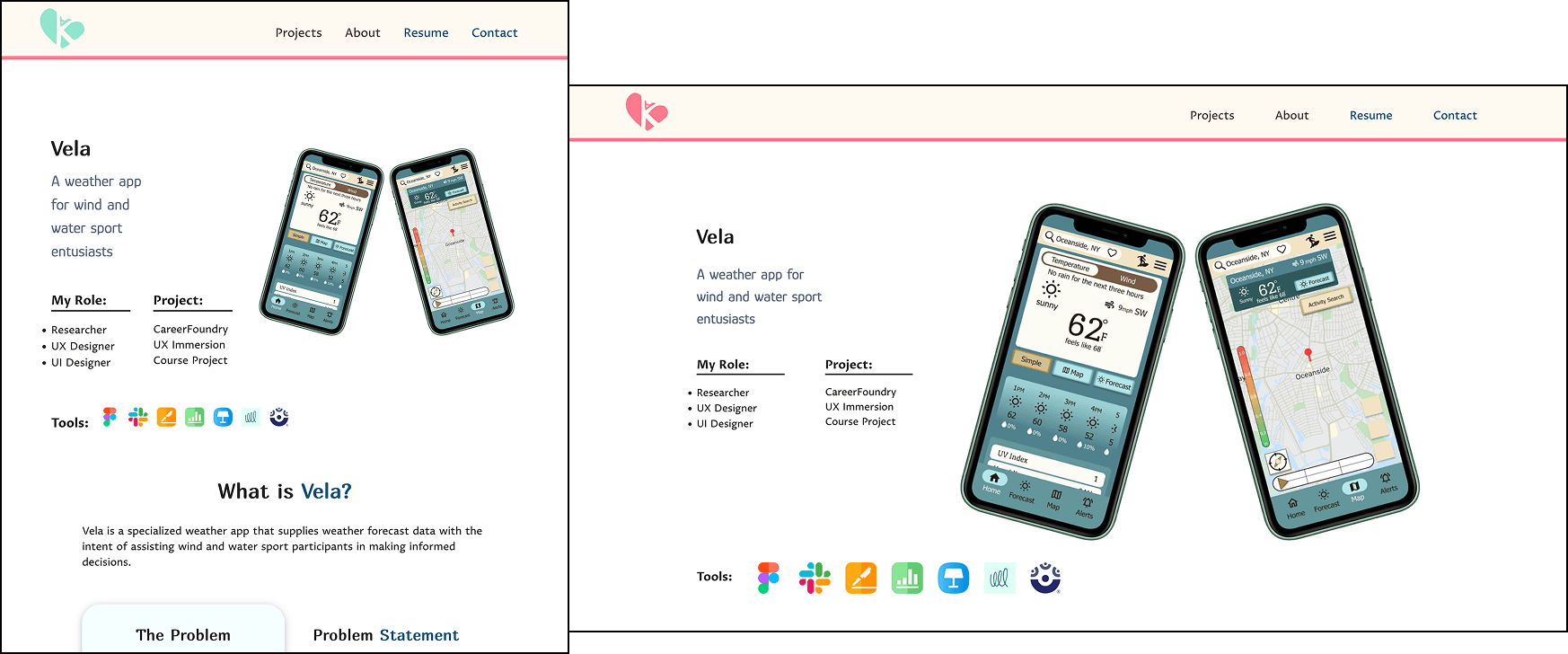 two screenshots of the vela case study page one at medium width and one at large width next to each other 